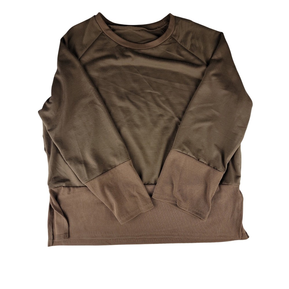 Brown Ribbed Crewneck Sweatshirt Long Sleeve Wide Leg Pants Set Women